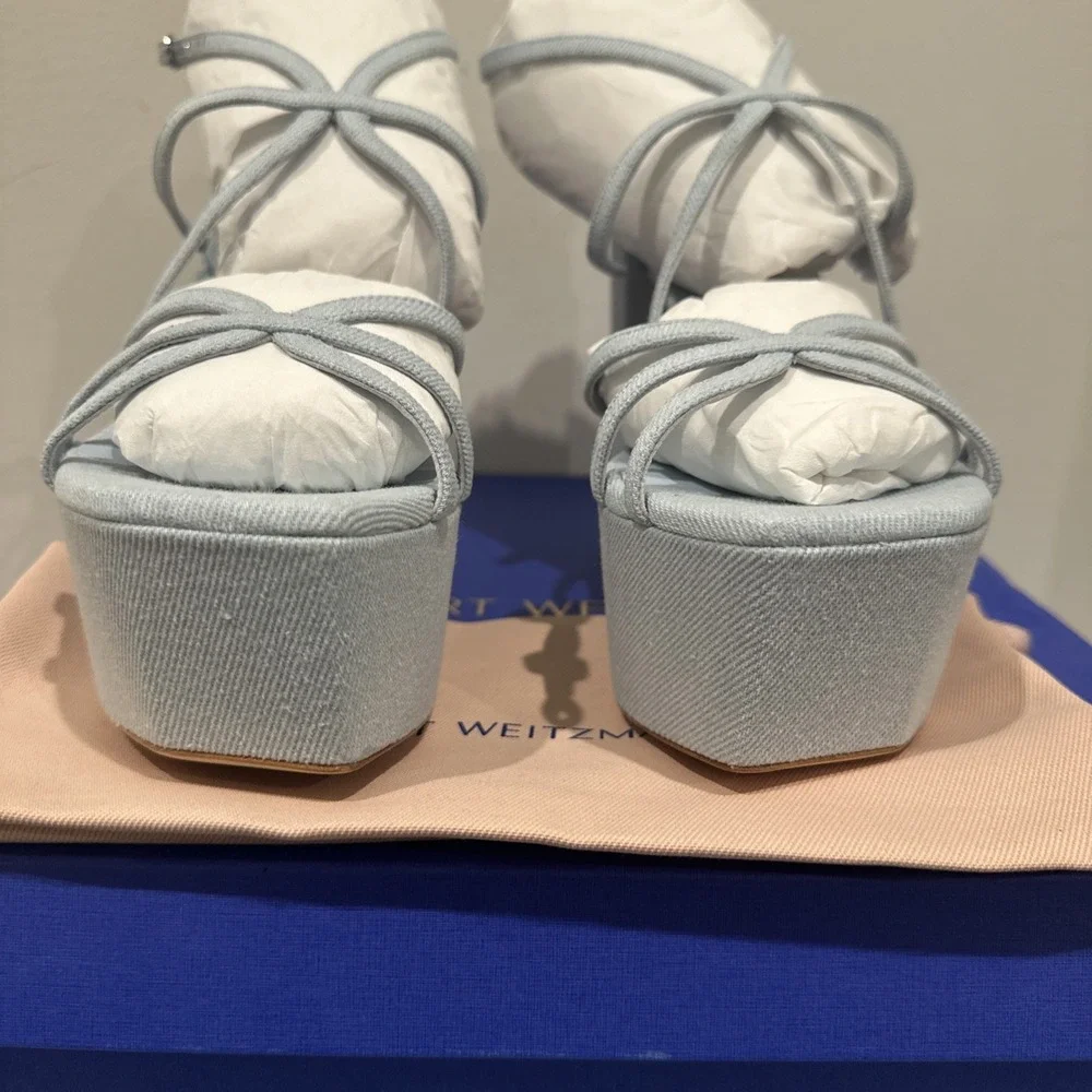 Stuart Weitzman EU 39/8.5B Barely There Sq Hi Platform Sandals Vint Light Denim